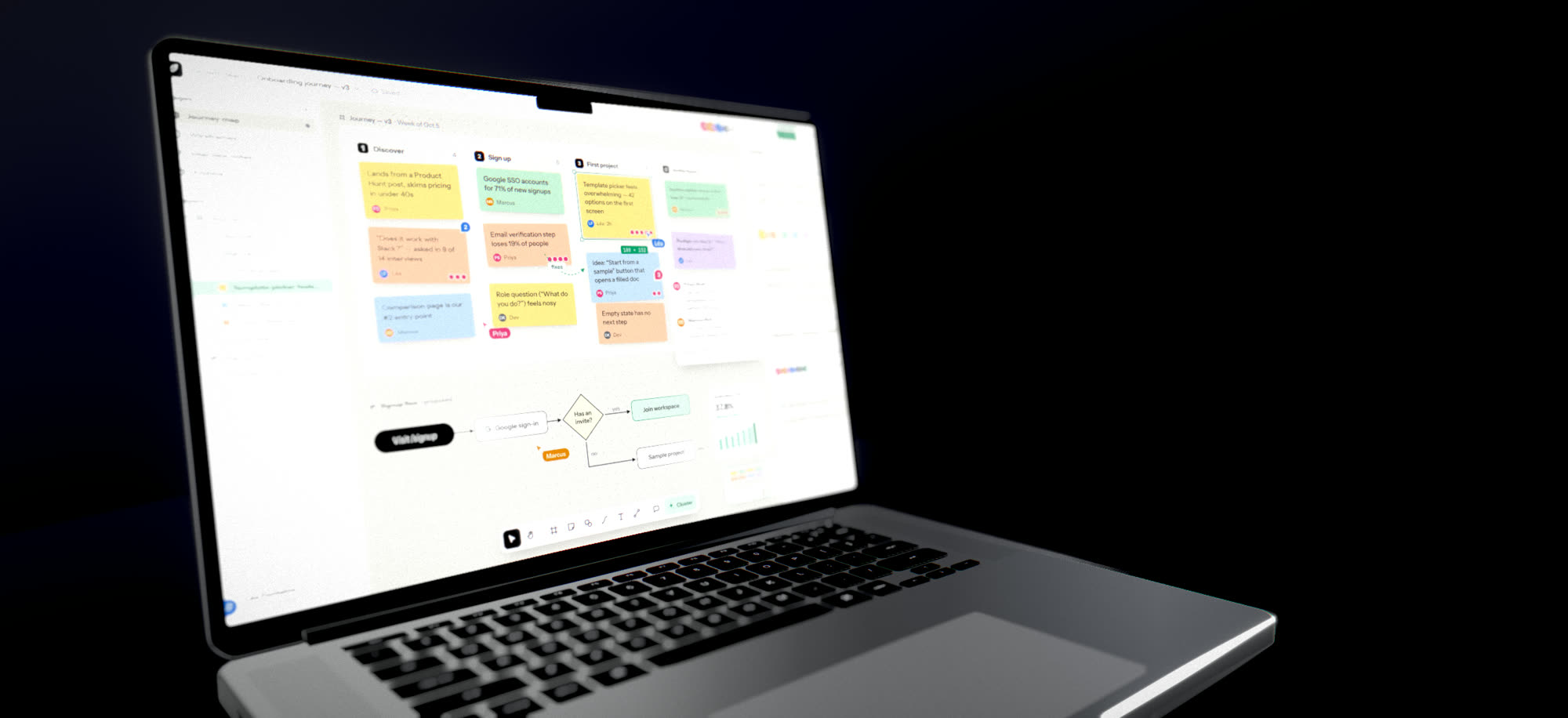 A MacBook mockup in a cinematic wide frame with lens blur