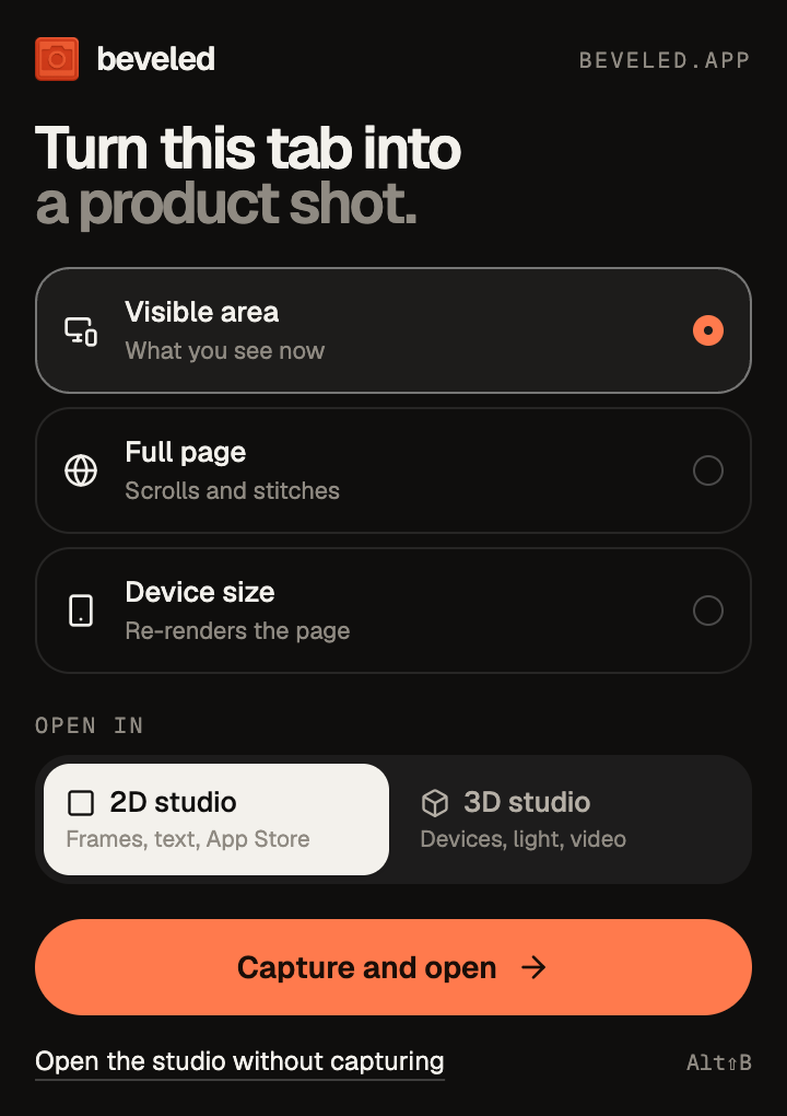 The Beveled extension popup with capture options
