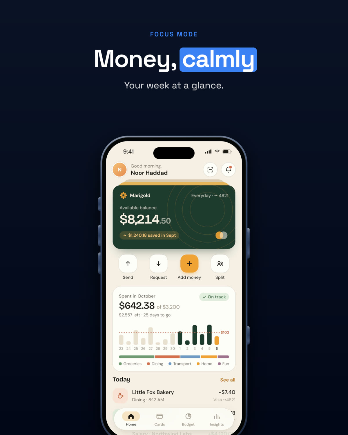 A 2D mockup: phone screenshot with a bold headline on a warm gradient